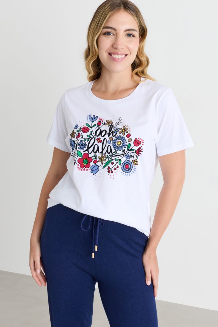 T-shirt in jersey con stampa floccata - BIANCO BLU - Intrend - 2