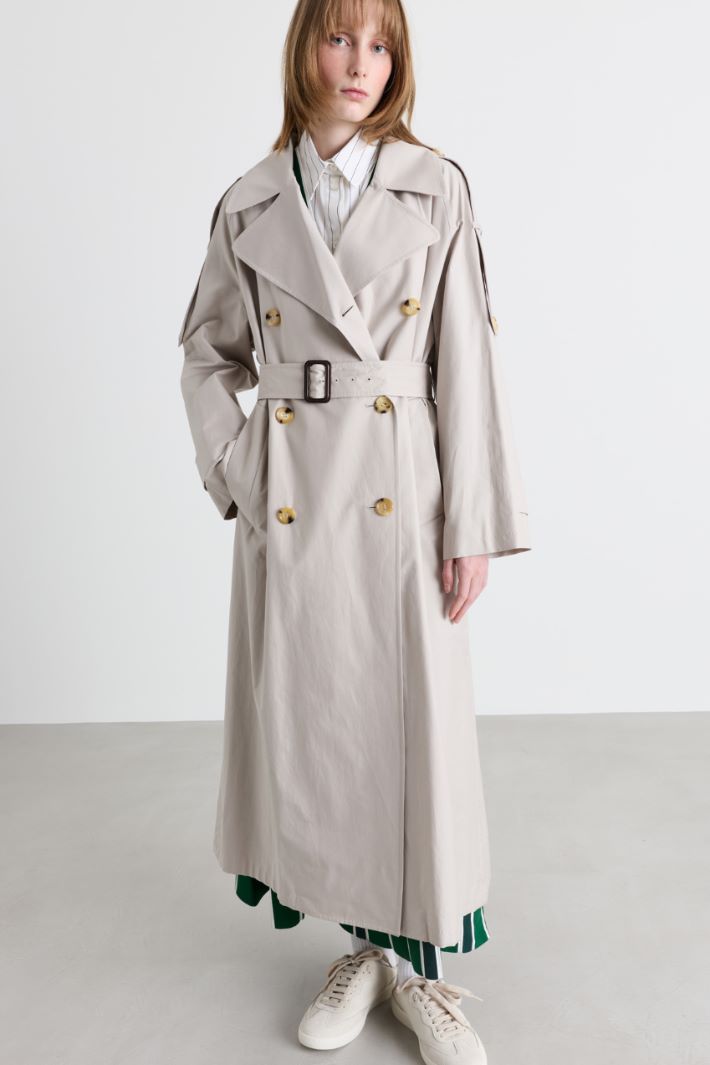 Long Double-Breasted Twill Trench - GREY - Intrend - 2