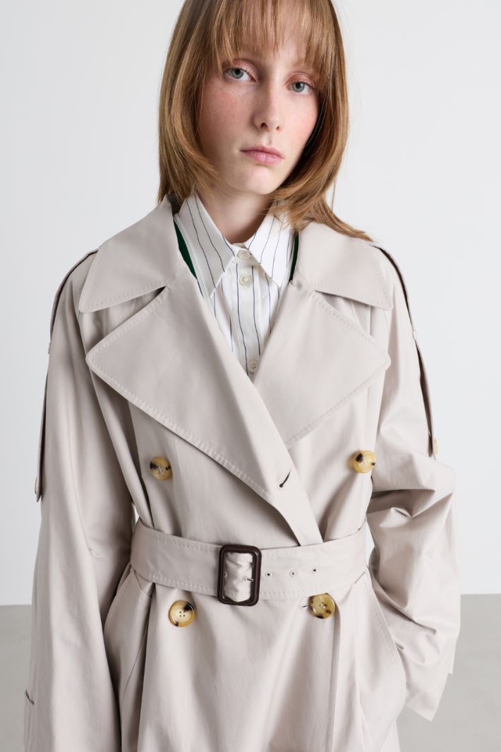 Long Double-Breasted Twill Trench - GREY - Intrend - 3