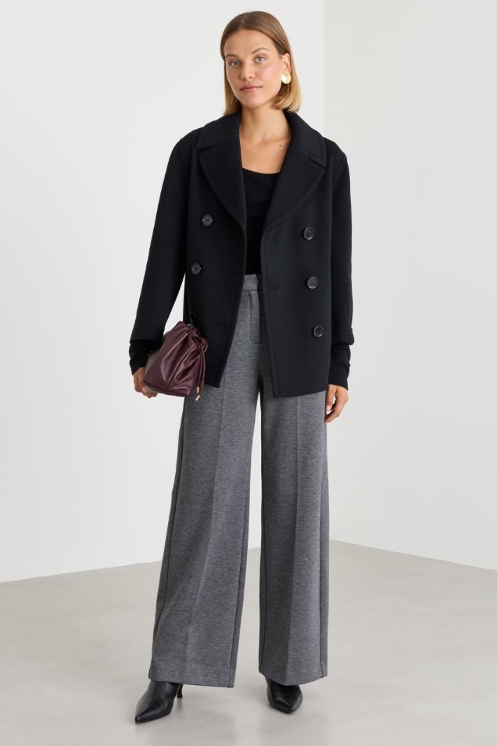 Short double-breasted pure wool coat with wide lapels - BLACK - Intrend