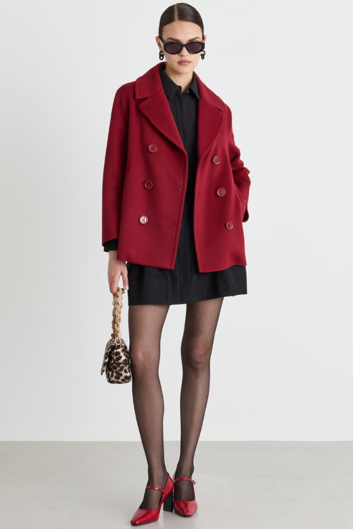 Short double-breasted pure wool coat with wide lapels - RED - Intrend