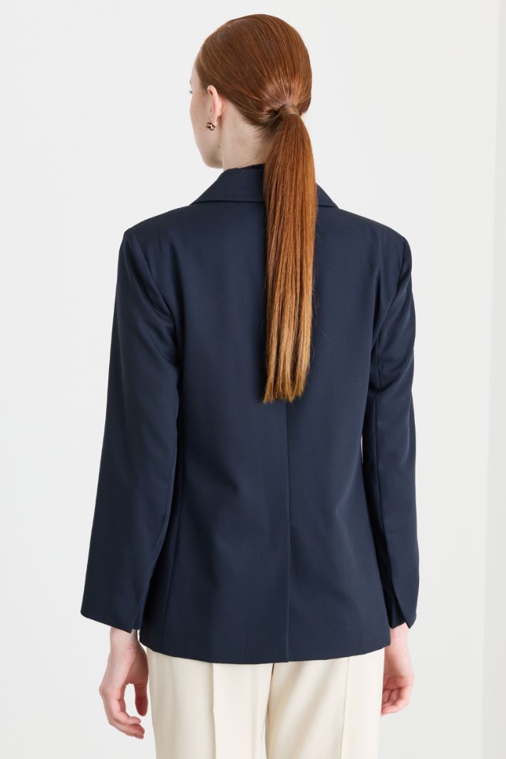 Double-Breasted Pure Wool Crepe Blazer - BLUE - Intrend - 4