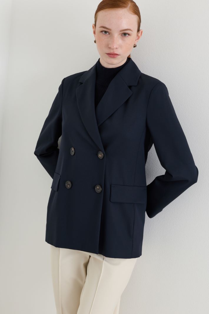 Double-Breasted Pure Wool Crepe Blazer - BLUE - Intrend - 2