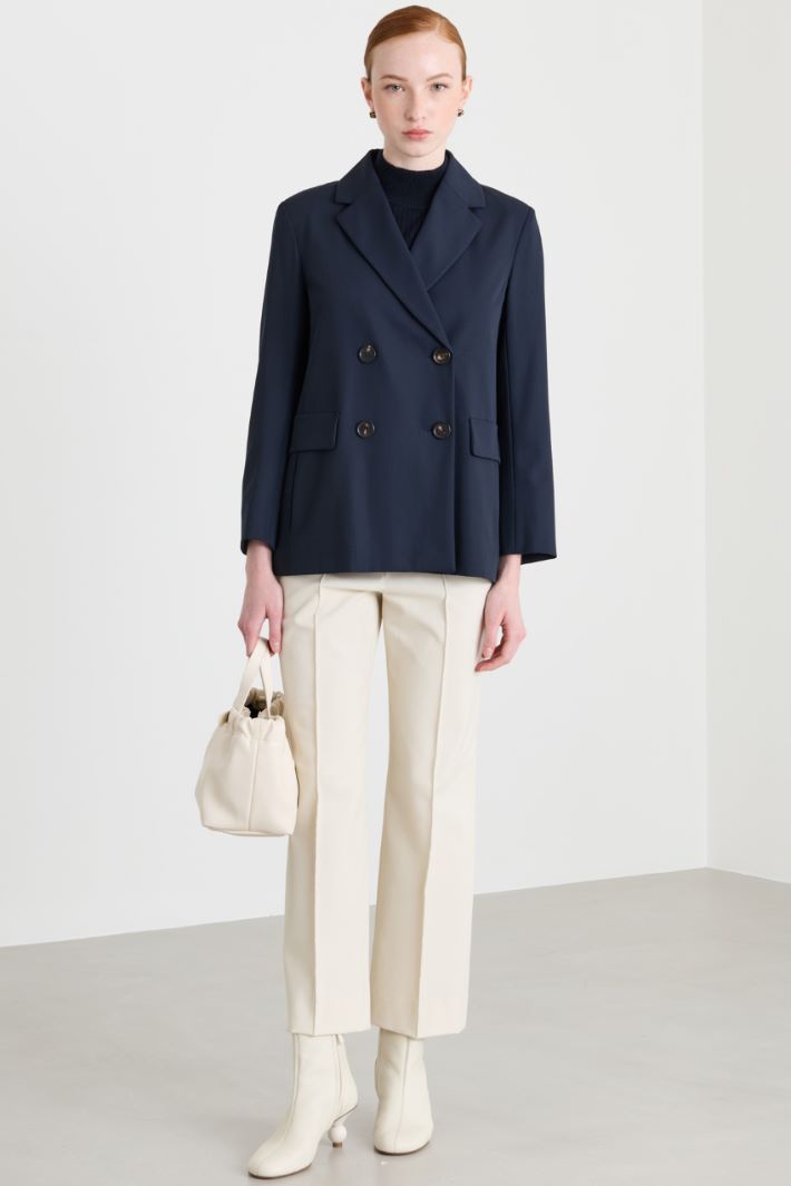 Double-Breasted Pure Wool Crepe Blazer - BLUE - Intrend