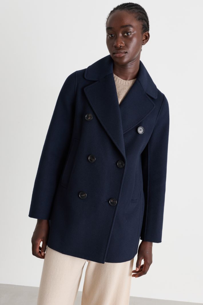 Short double-breasted wool coat with oversized lapels - BLUE - Intrend - 2