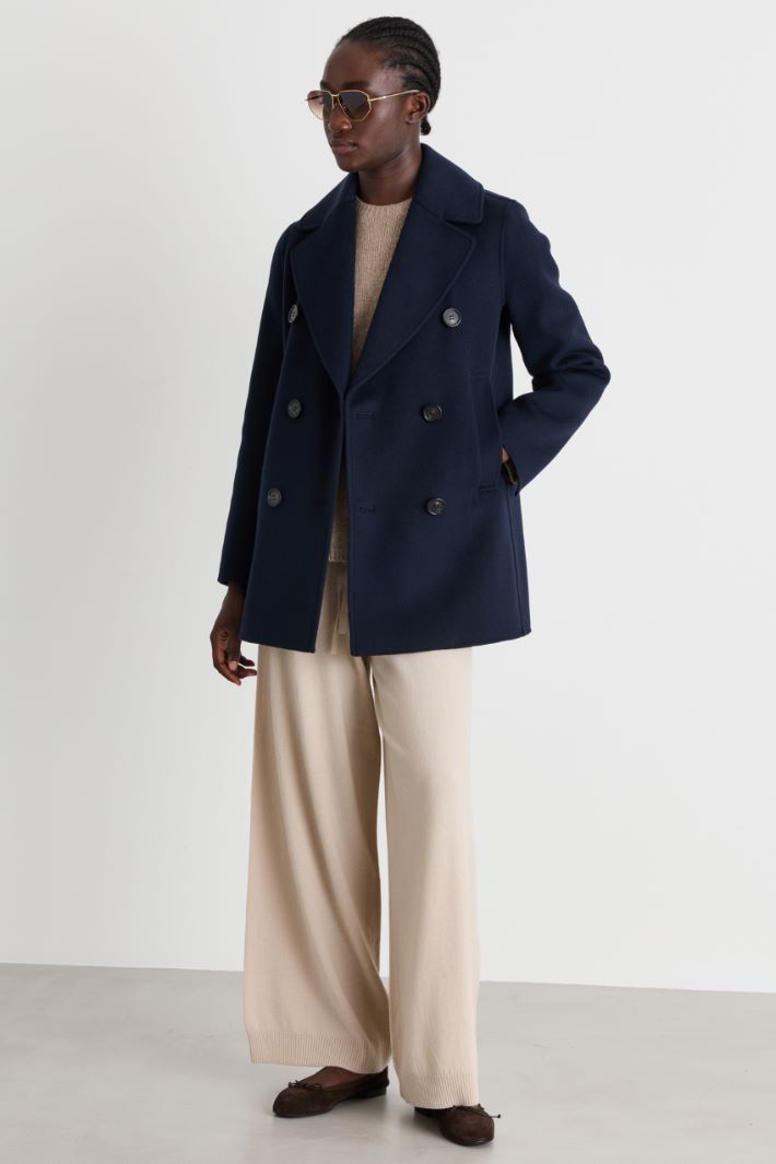 Short double-breasted wool coat with oversized lapels - BLUE - Intrend
