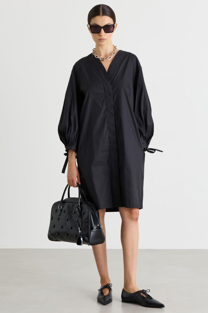 Puff-sleeve poplin dress - BLACK - Intrend