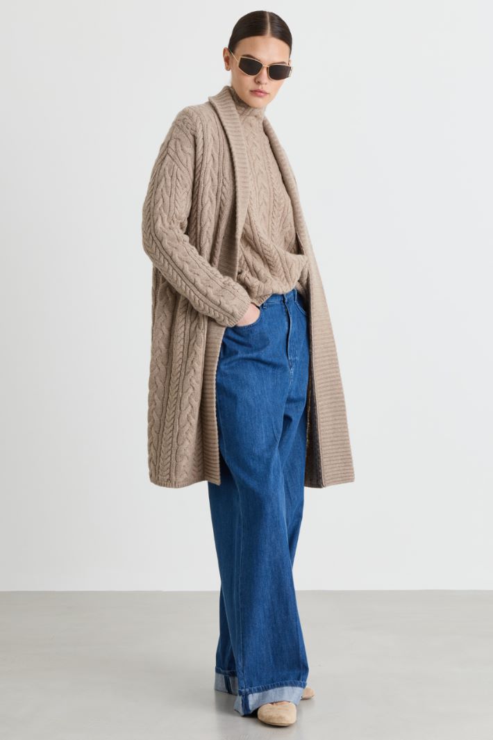 Belted cable-knit cardigan - BEIGE - Intrend