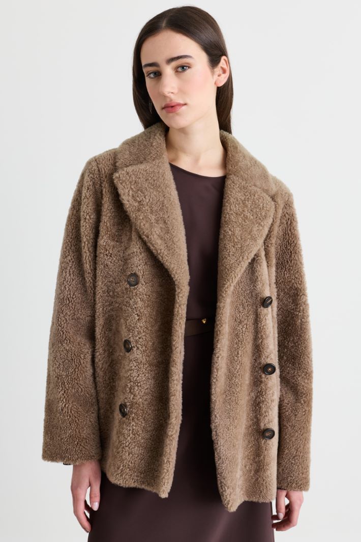 Short Double-Breasted Sheepskin Coat - CAMEL - Intrend - 2