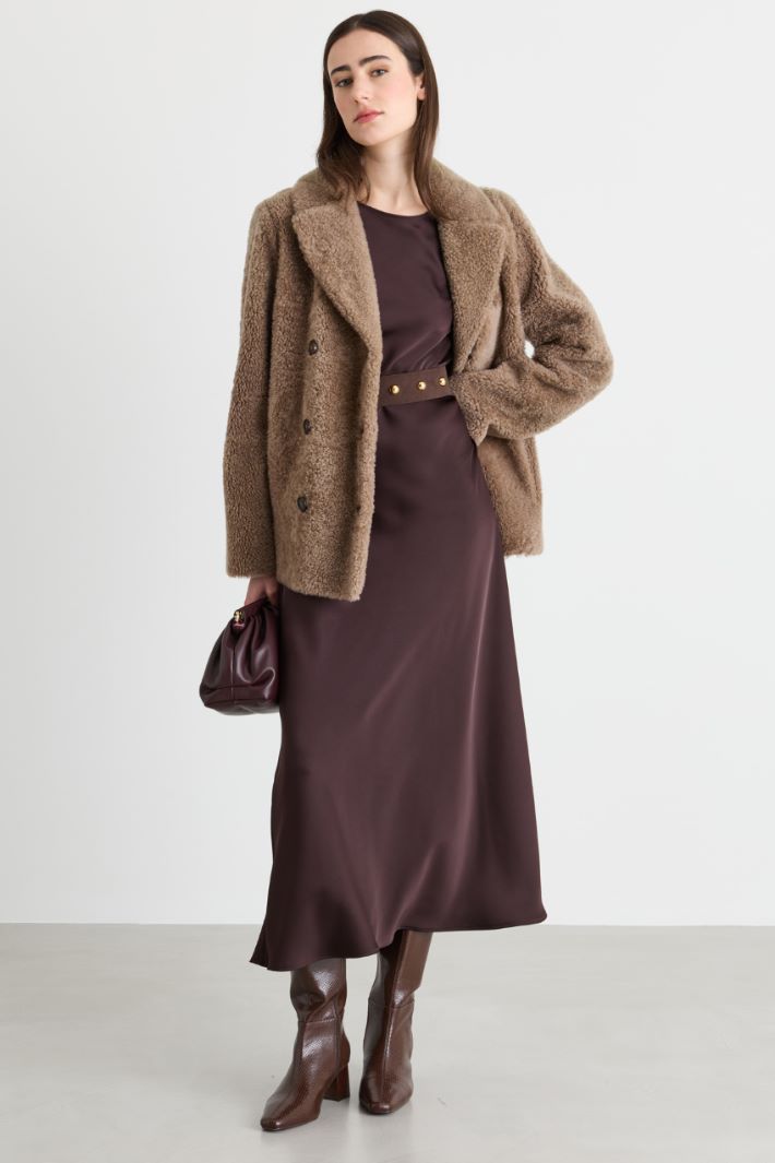 Short Double-Breasted Sheepskin Coat - CAMEL - Intrend